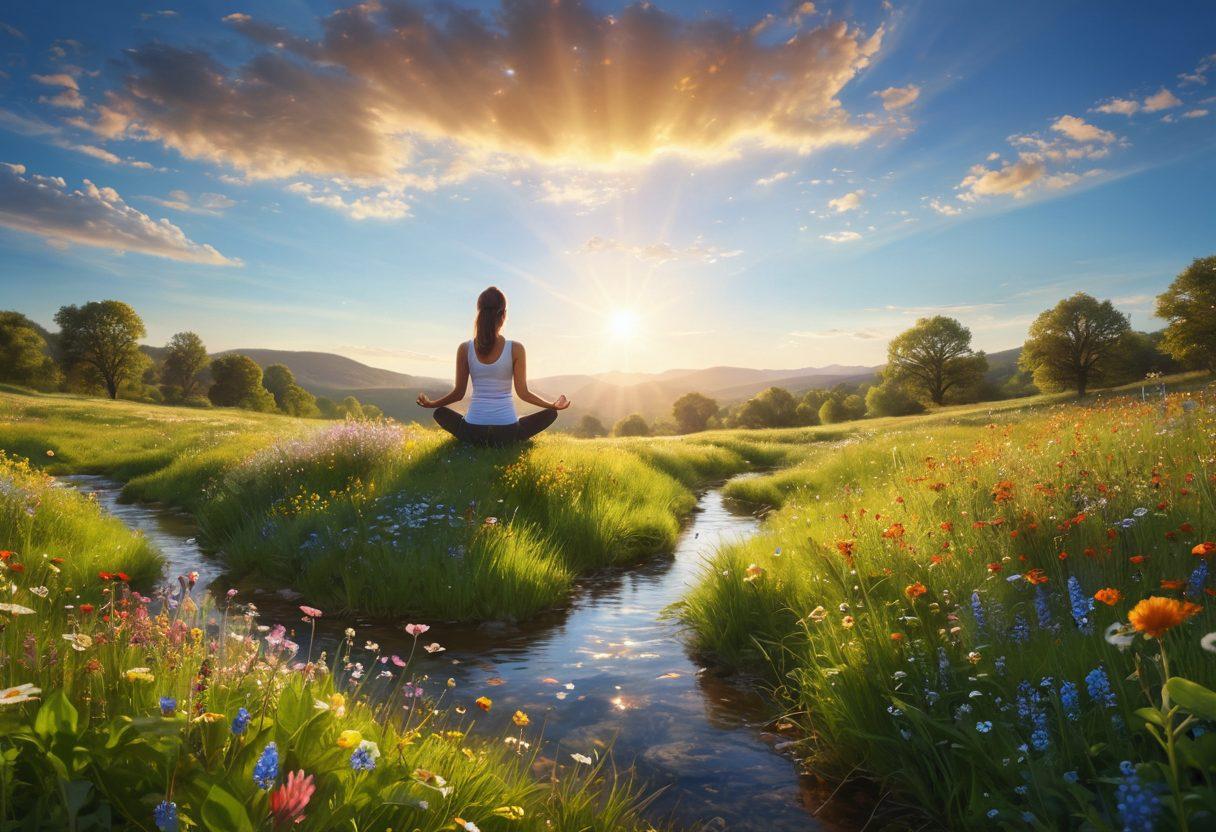 A serene landscape featuring a sunlit meadow filled with wildflowers, a person practicing yoga under a clear blue sky, and soft, warm light cascading over everything. Include elements of mindfulness like a soothing stream and butterflies fluttering around. The scene exudes tranquility and joy, embodying peace and happiness. super-realistic. vibrant colors. soft focus.