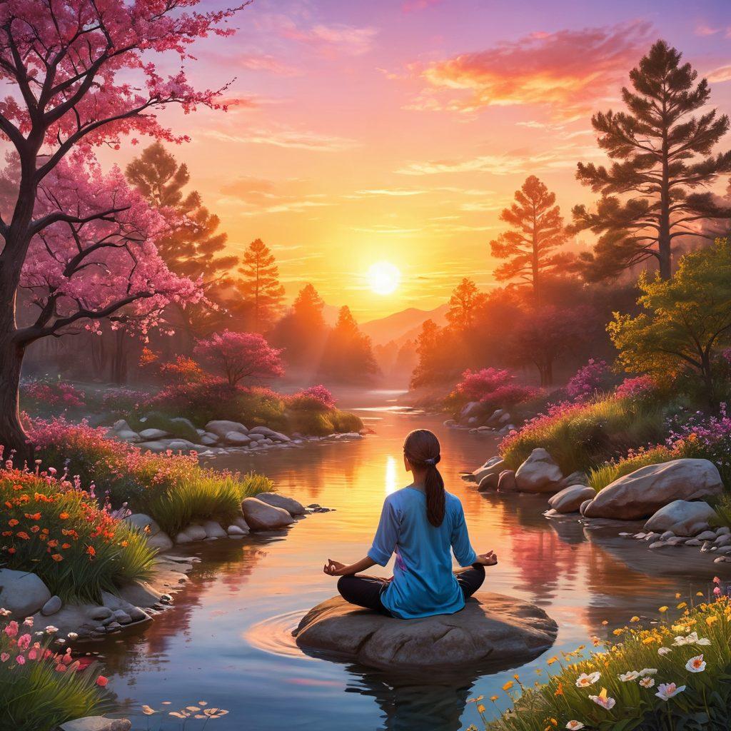 A serene landscape featuring a peaceful person meditating under a vibrant sunrise, surrounded by blooming flowers and gentle streams. Icons of gratitude like a heart and open hands swirl around the scene, representing emotional uplift. Soft, warm colors that evoke tranquility and bliss. super-realistic. vibrant colors.