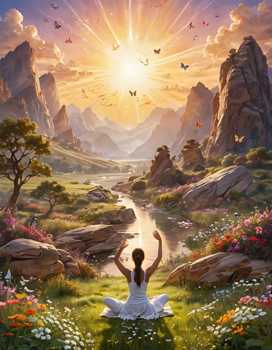 A serene landscape depicting a radiant sun rising over a peaceful valley, symbolizing joy and happiness. In the foreground, ethereal figures perform uplifting yoga poses, surrounded by whimsical light bursts and glowing orbs, representing techniques of happiness. The scene is infused with playful elements like butterflies and flowers to evoke a blissful atmosphere. soft-focus, vibrant colors, magical realism.